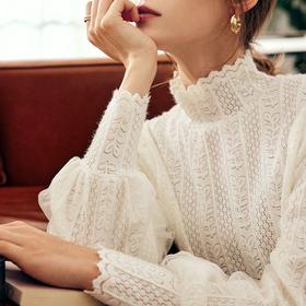 OLrain欧芮儿法式半高领蕾丝衫女秋冬2022年新款复古植绒打底上衣