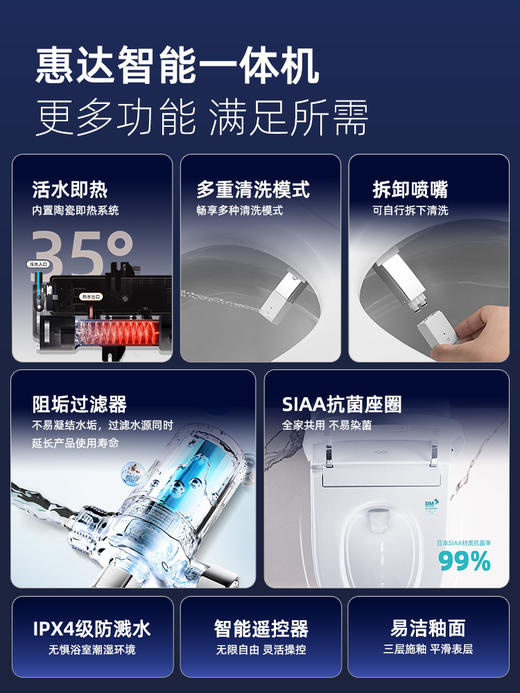 惠达智能马桶ET62NQ全自动即热一体带水箱零水压虹吸家用坐便器 商品图3