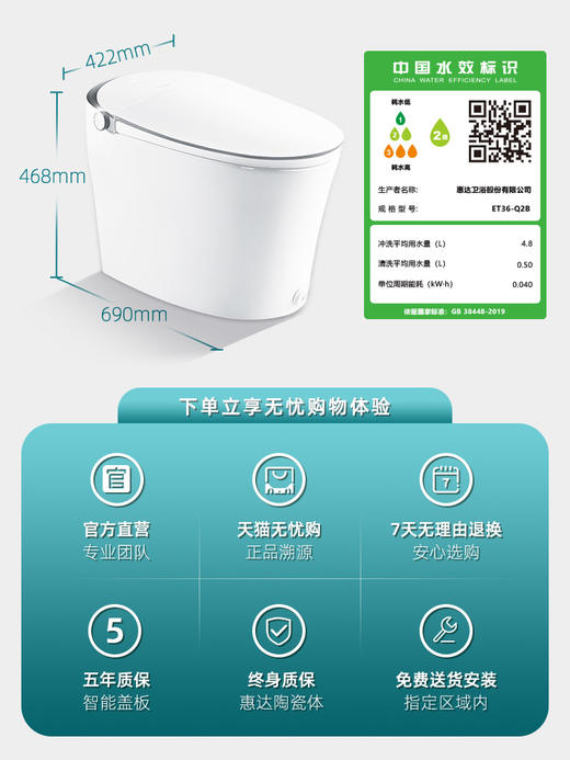 惠达旗舰店智能马桶ET36坐便器家用泡沫盾全自动一体座便脚踢翻圈 商品图4