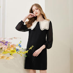 QE85A斯尔丽瑟俪2023春新款娃娃领灯笼袖小黑裙连衣裙