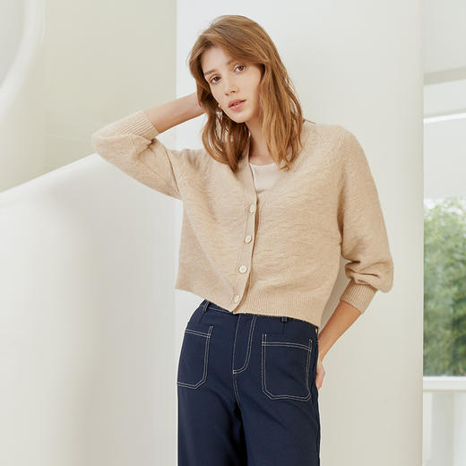 【纯羊绒针织V领开衫】23年早春新品女士短款针织开衫暗纹提花针织小外套 商品图4