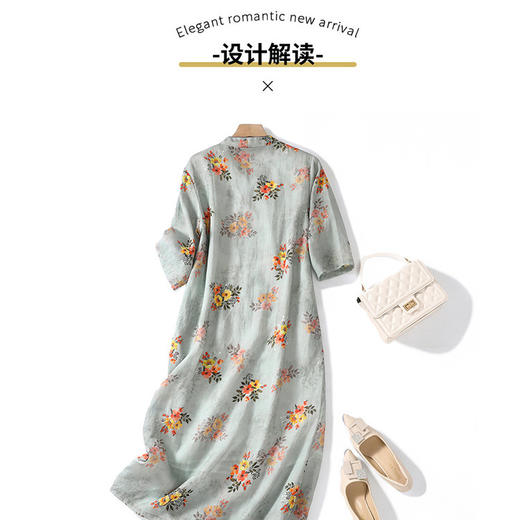 XYF-9083 2023春夏新款复古花色棉麻v领宽松显瘦遮肉中长款短袖连衣裙女 商品图1
