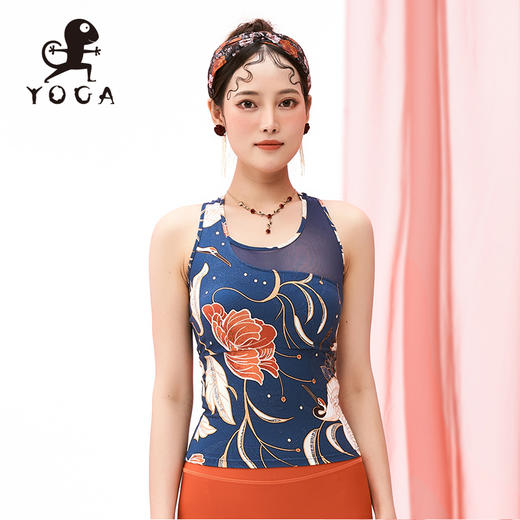 壁虎瑜伽水母纱面料【星鹤璀璨-背心】印花网纱拼接背心（有胸垫）清仓不退不换 商品图3