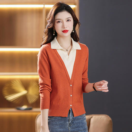 春秋时尚新款拼接V领假两件，薄款针织衫上衣翻领打底毛衣潮CC-101-55969 商品图1
