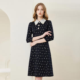 NA821斯尔丽瑟俪2023春季新款蕾丝钉珠撞色小白领减龄修身连衣裙