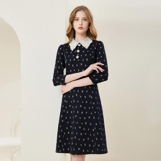 NA821斯尔丽瑟俪2023春季新款蕾丝钉珠撞色小白领减龄修身连衣裙 商品图0