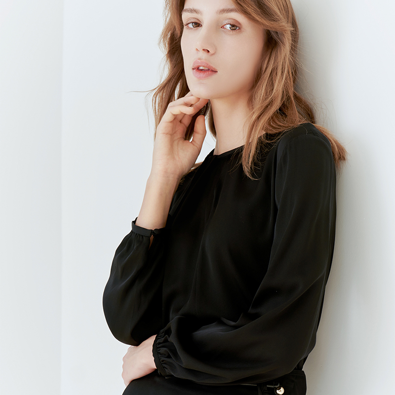 【黑色桑蚕丝T桖】23年春夏新品女士圆领真丝上衣时尚薄款上衣
