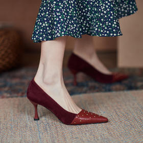 爆款百搭，真皮拼接尖头高跟鞋HBP-1381