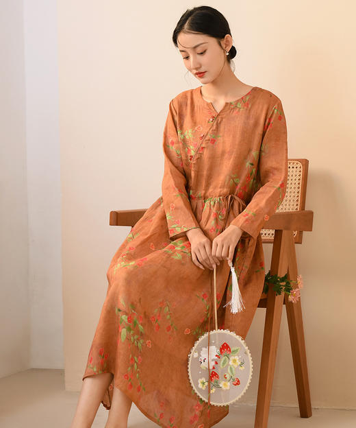 QM-6014春发-苎麻收腰连衣裙 复古女装2023春季新款收腰苎麻连衣裙女新中式长袖棉麻碎花裙 商品图4