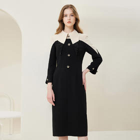 QE86A斯尔丽瑟俪2023春季新款衬衫领撞色收腰修身下摆开叉连衣裙