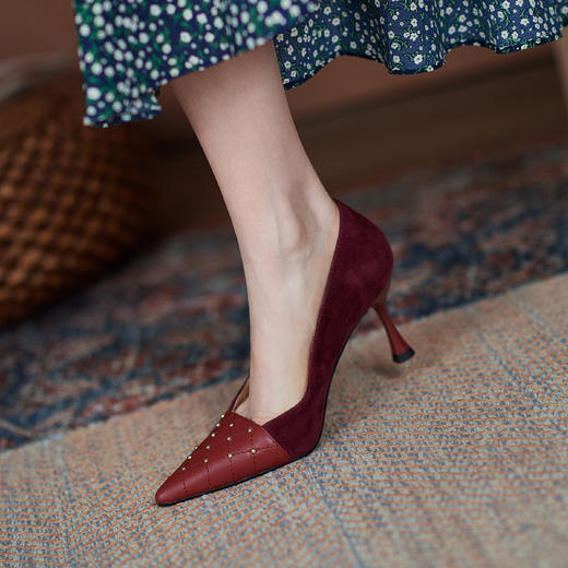 爆款百搭，真皮拼接尖头高跟鞋HBP-1381 商品图2