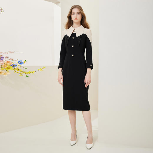 QE86A斯尔丽瑟俪2023春季新款衬衫领撞色收腰修身下摆开叉连衣裙 商品图3