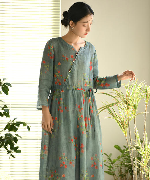 QM-6014春发-苎麻收腰连衣裙 复古女装2023春季新款收腰苎麻连衣裙女新中式长袖棉麻碎花裙 商品图0
