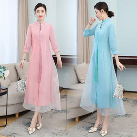 XYF-8092 2023春季新款复古中式国风改良版旗袍纯色中长款绣花七分袖连衣裙