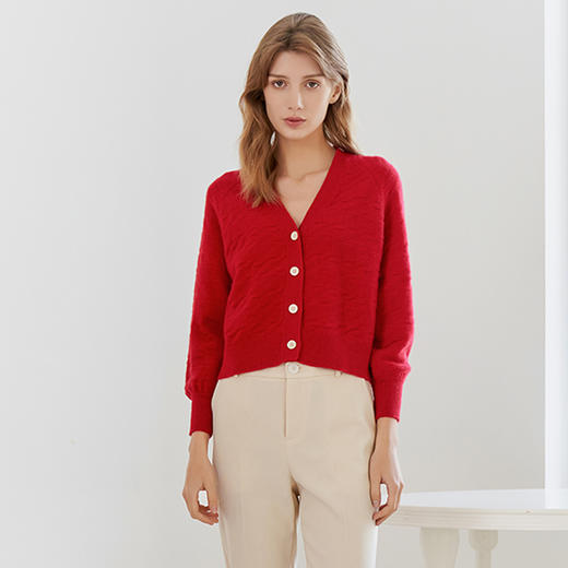【纯羊绒针织V领开衫】23年早春新品女士短款针织开衫暗纹提花针织小外套 商品图1