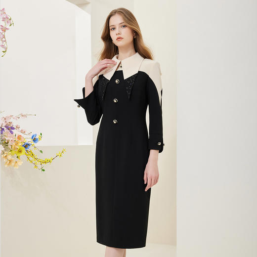 QE86A斯尔丽瑟俪2023春季新款衬衫领撞色收腰修身下摆开叉连衣裙 商品图2