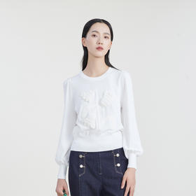 谜底套头针织衫女2023春季新款甜美可爱泡泡袖绣花上衣231MZ0309