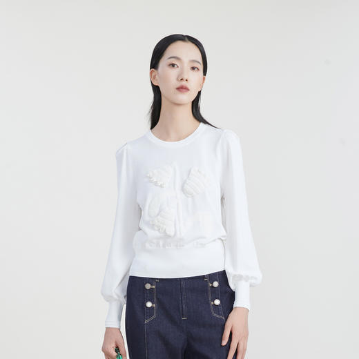 谜底套头针织衫女2023春季新款甜美可爱泡泡袖绣花上衣231MZ0309 商品图0