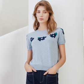 【短袖针织套衫】23年春夏新品女士针织套衫时尚绣花薄款针织上衣