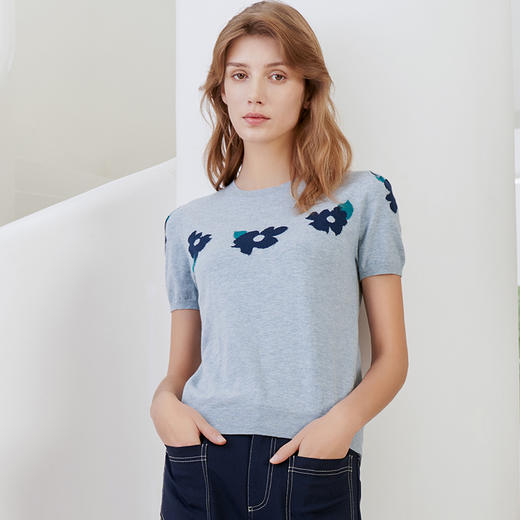 【短袖针织套衫】23年春夏新品女士针织套衫时尚绣花薄款针织上衣 商品图0