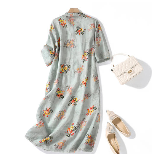 XYF-9083 2023春夏新款复古花色棉麻v领宽松显瘦遮肉中长款短袖连衣裙女 商品图2