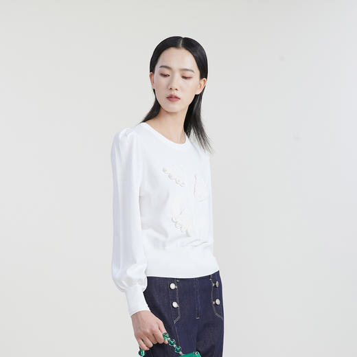 谜底套头针织衫女2023春季新款甜美可爱泡泡袖绣花上衣231MZ0309 商品图1