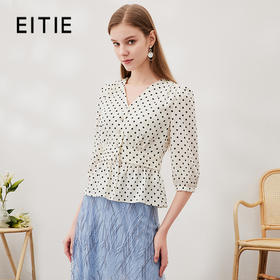 EITIE爱特爱春季新款复古时髦波点V领七分袖收腰显瘦女短衬衫6909611