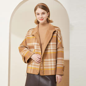 MD920斯尔丽瑟俪2022年冬季新品格子配色拼皮边外套夹克大衣