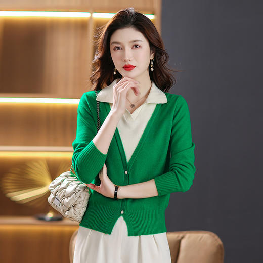 春秋时尚新款拼接V领假两件，薄款针织衫上衣翻领打底毛衣潮CC-101-55969 商品图0