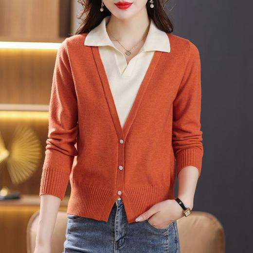 春秋时尚新款拼接V领假两件，薄款针织衫上衣翻领打底毛衣潮CC-101-55969 商品图6
