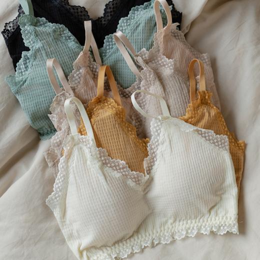 靴下物内衣女无尺码薄款华夫格蕾丝边文胸内裤套装舒适无钢圈胸罩 商品图4