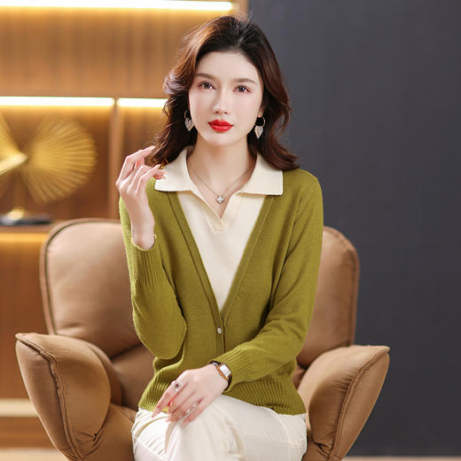 春秋时尚新款拼接V领假两件，薄款针织衫上衣翻领打底毛衣潮CC-101-55969 商品图2