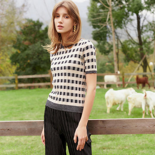 【绵羊毛短袖针织套衫】23年早春新品女士圆领针织套衫经典方块条纹上衣 商品图1