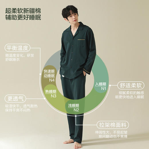 【舒肤棉】自然醒新疆棉情侣睡衣女春季新款长袖翻领开衫素色套装男士家居服可外穿JLM 商品图2