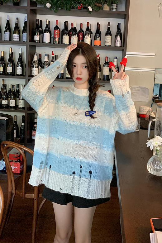 <曾小咸推荐>女装条纹针织衫女春秋新款韩版百搭宽松破洞设计感长袖上衣 商品图5