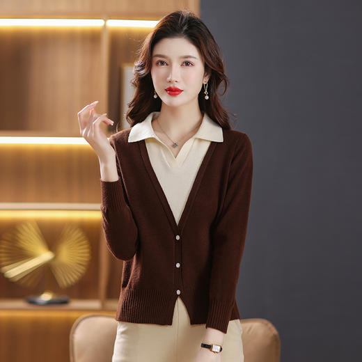 春秋时尚新款拼接V领假两件，薄款针织衫上衣翻领打底毛衣潮CC-101-55969 商品图3