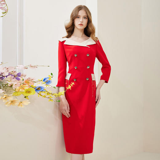 NA815斯尔丽瑟俪2023春季新款一字领收腰合体撞色显瘦烫钻连衣裙 商品图0