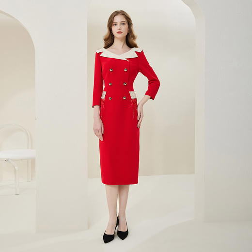 NA815斯尔丽瑟俪2023春季新款一字领收腰合体撞色显瘦烫钻连衣裙 商品图3