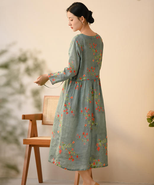 QM-6014春发-苎麻收腰连衣裙 复古女装2023春季新款收腰苎麻连衣裙女新中式长袖棉麻碎花裙 商品图2