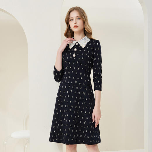 NA821斯尔丽瑟俪2023春季新款蕾丝钉珠撞色小白领减龄修身连衣裙 商品图2