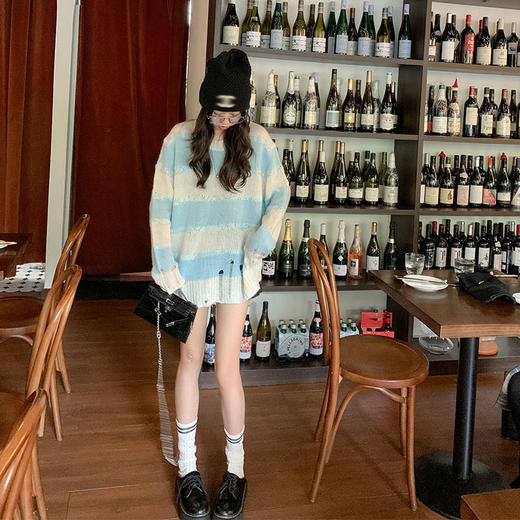 <曾小咸推荐>女装条纹针织衫女春秋新款韩版百搭宽松破洞设计感长袖上衣 商品图2