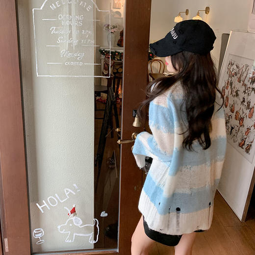 <曾小咸推荐>女装条纹针织衫女春秋新款韩版百搭宽松破洞设计感长袖上衣 商品图4