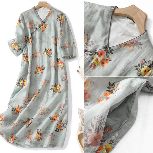 XYF-9083 2023春夏新款复古花色棉麻v领宽松显瘦遮肉中长款短袖连衣裙女 商品图3