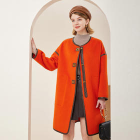 MD916斯尔丽瑟俪2022年冬上新拼皮撞色宽松版中长款帅气大衣外套