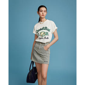 GOODBAI水洗浅灰logo刺绣毛边牛仔短裙