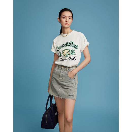 GOODBAI水洗浅灰logo刺绣毛边牛仔短裙 商品图0