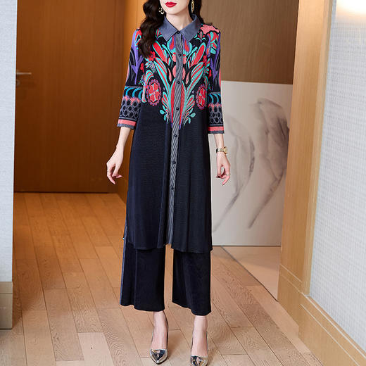 AHM-mds7043高弹显瘦褶皱套装2023春季新款衬衫领印花褶皱连衣裙 商品图1