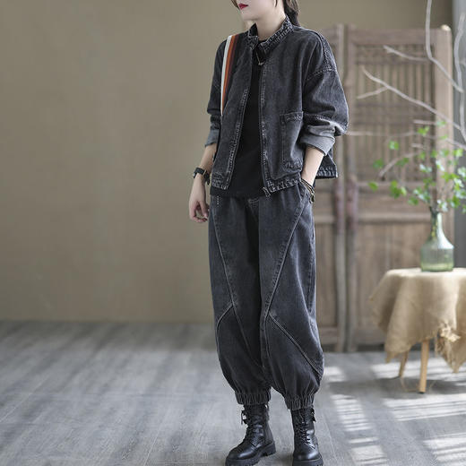 XS-98563套装牛仔外套女2023春秋新款潮流百搭宽松两件套拉链哈伦裤子韩版 商品图0
