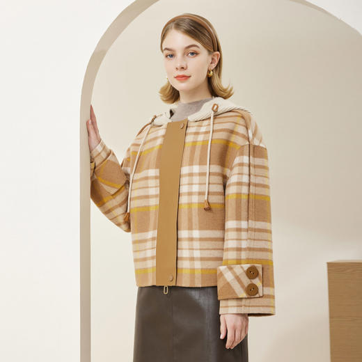 MD919斯尔丽瑟俪2022年冬上新时尚格纹拼针织帽大衣 商品图2
