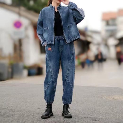 XS-98563套装牛仔外套女2023春秋新款潮流百搭宽松两件套拉链哈伦裤子韩版 商品图6